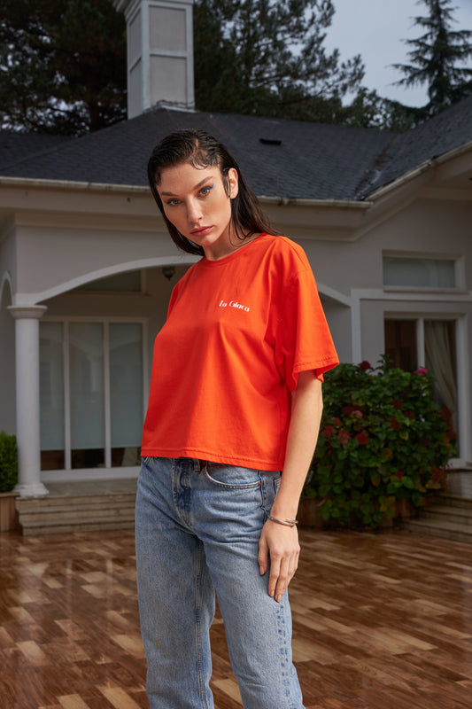 Kadın Turuncu Oversize Crop T-shirt